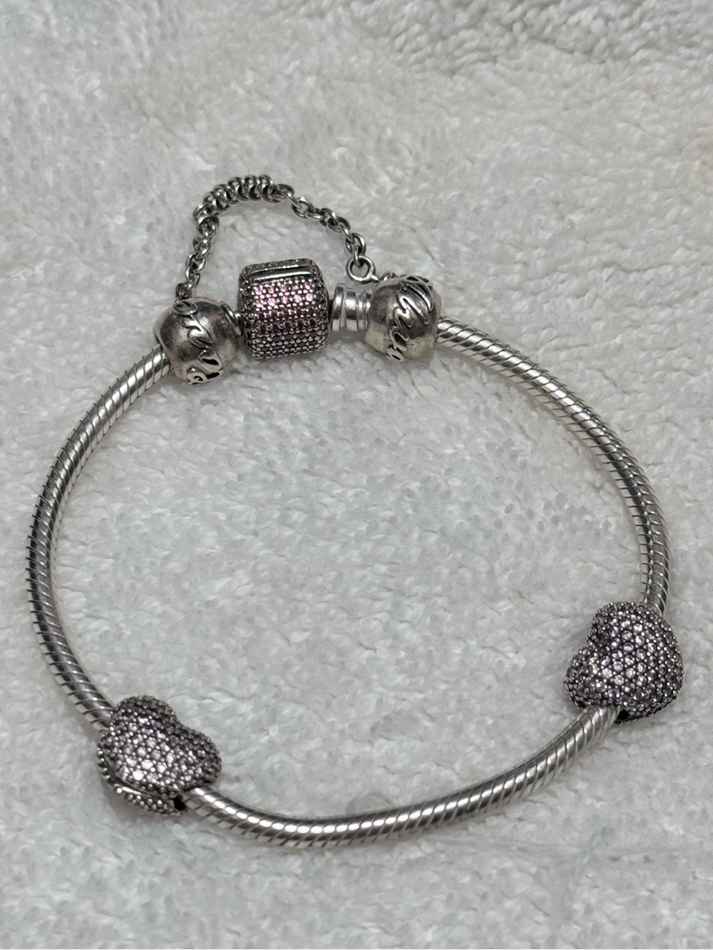 Pandora Sterling Silver Bracelet with Pink Pavé Heart Charms
